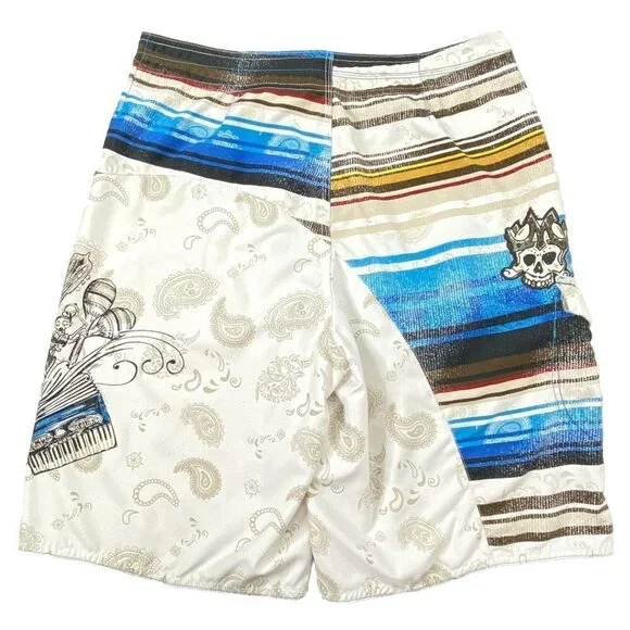 Micros Board Shorts Swim Bathing Suit Mens size 33 White Blue Skull Paisley - Picture 2 of 8